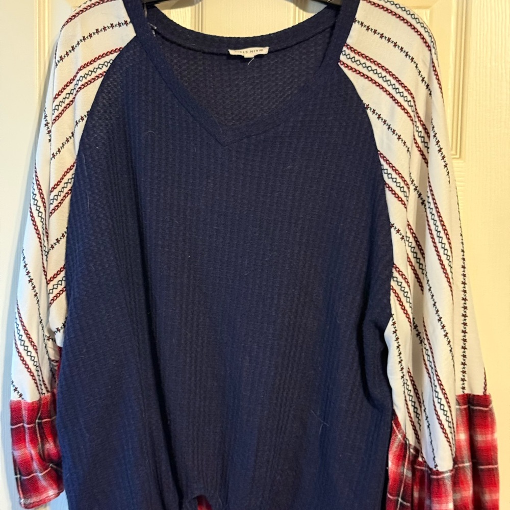 Main Strip Navy Top with Striped Accents